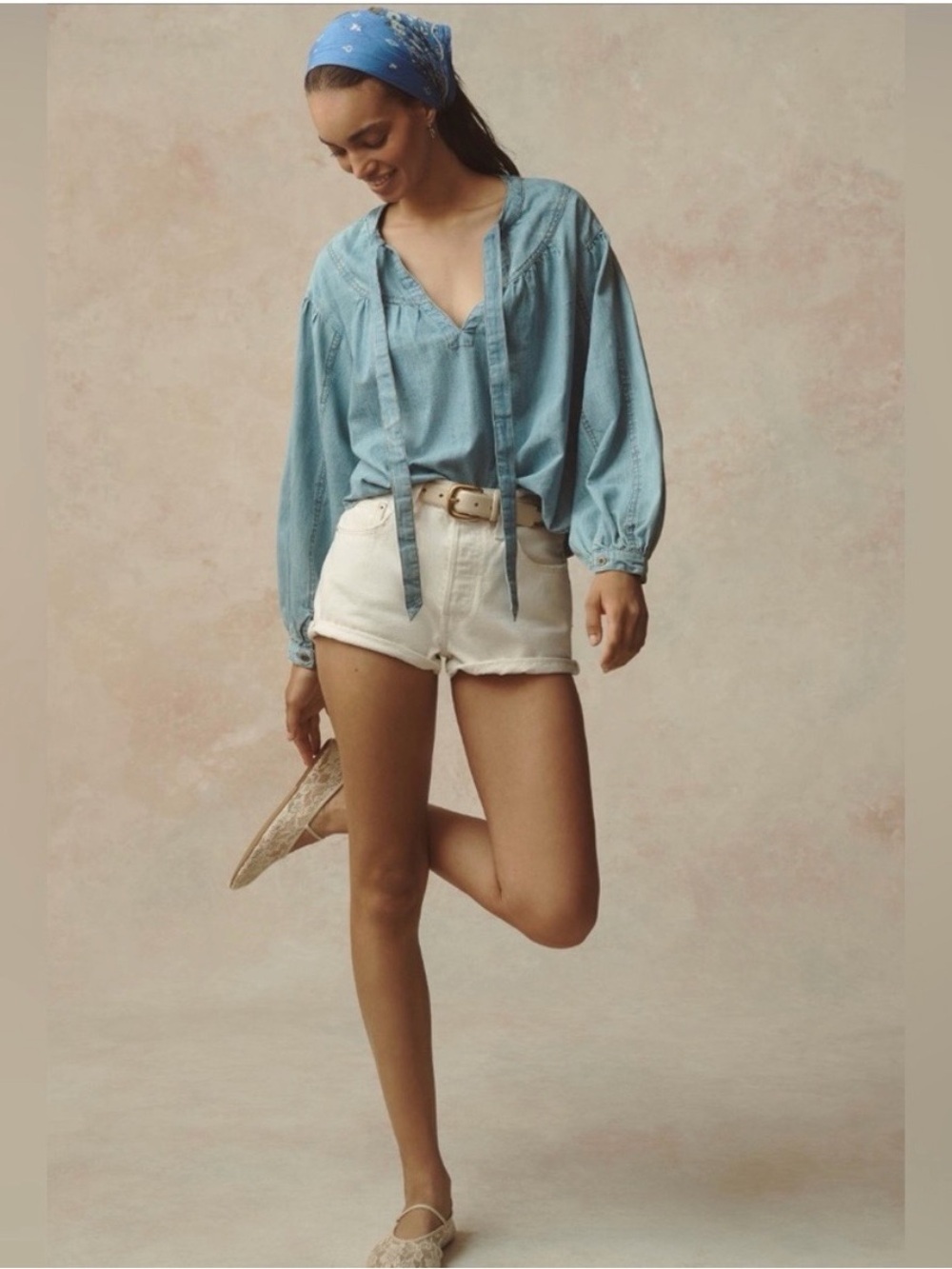 Pilcro by Anthropologie Denim Tie Neck Batwing Blouse Top Size Small 100% Cotton